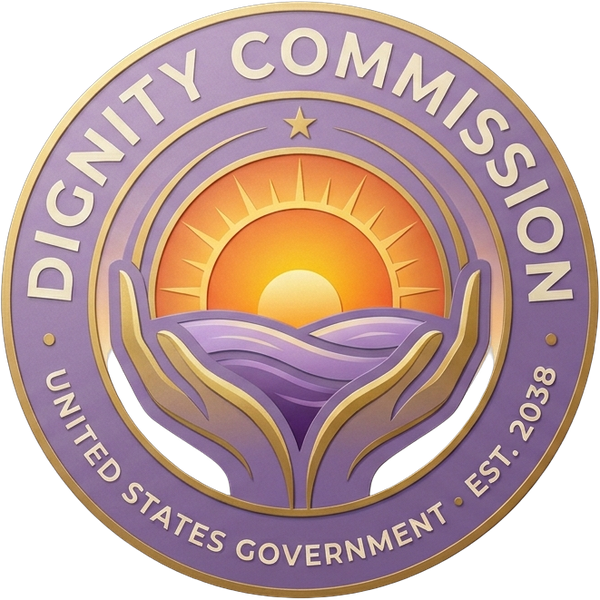 Seal of the Dignity Commission — two hands cradling a sunset